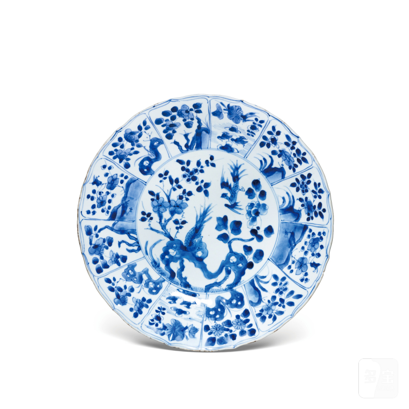 清康熙青花开光雉鸡牡丹纹花口大盘 - 图1